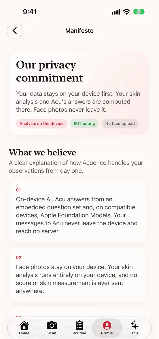 Acuence · el manifiesto de privacidad, dentro de la app