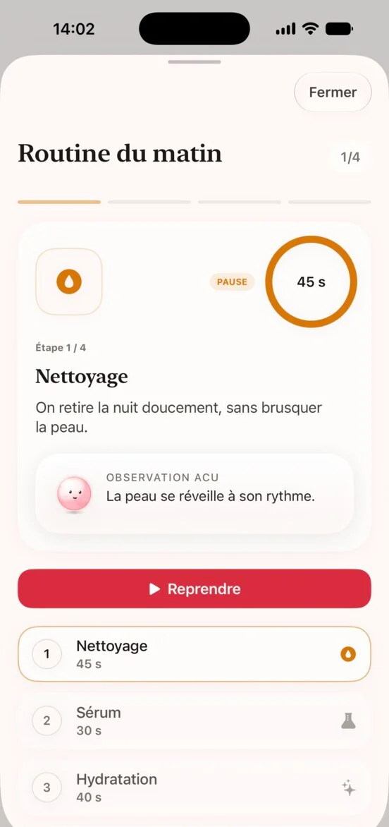 Acuence · Le rituel, minuté